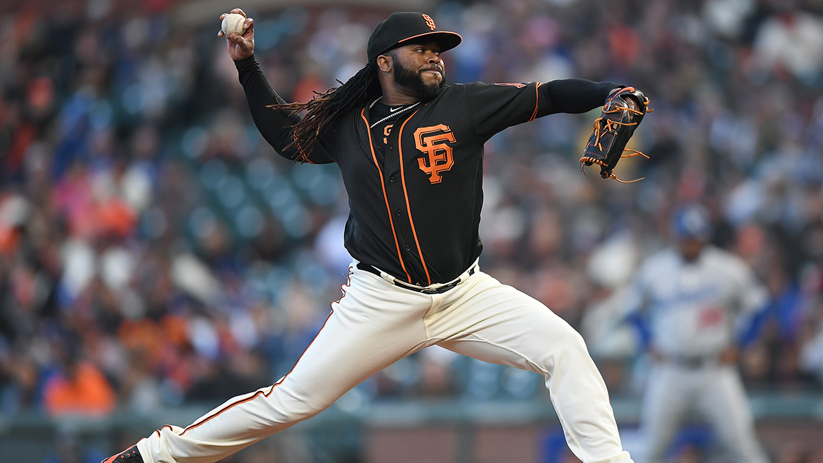 Johnny Cueto of the San Francisco Giants pitches a baseball on the mound