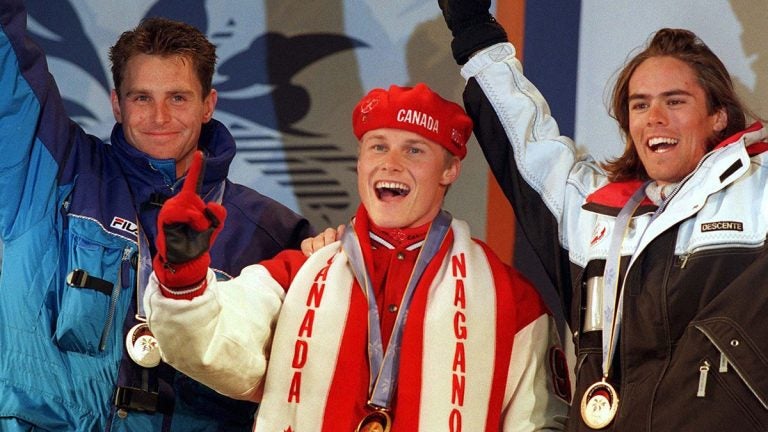 Ross Rebagliati celebrating with his medal