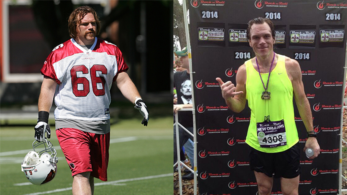 Transition of Alan Faneca's weight loss from Arizona Cardinals offensive lineman to marathon runner.