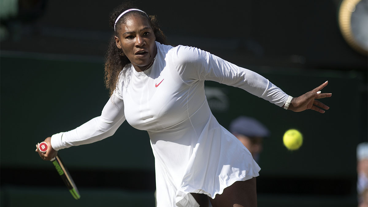 Serena Williams returns a shot in the Ladies’ Singles Final on Center Court at Wimbledon 2018