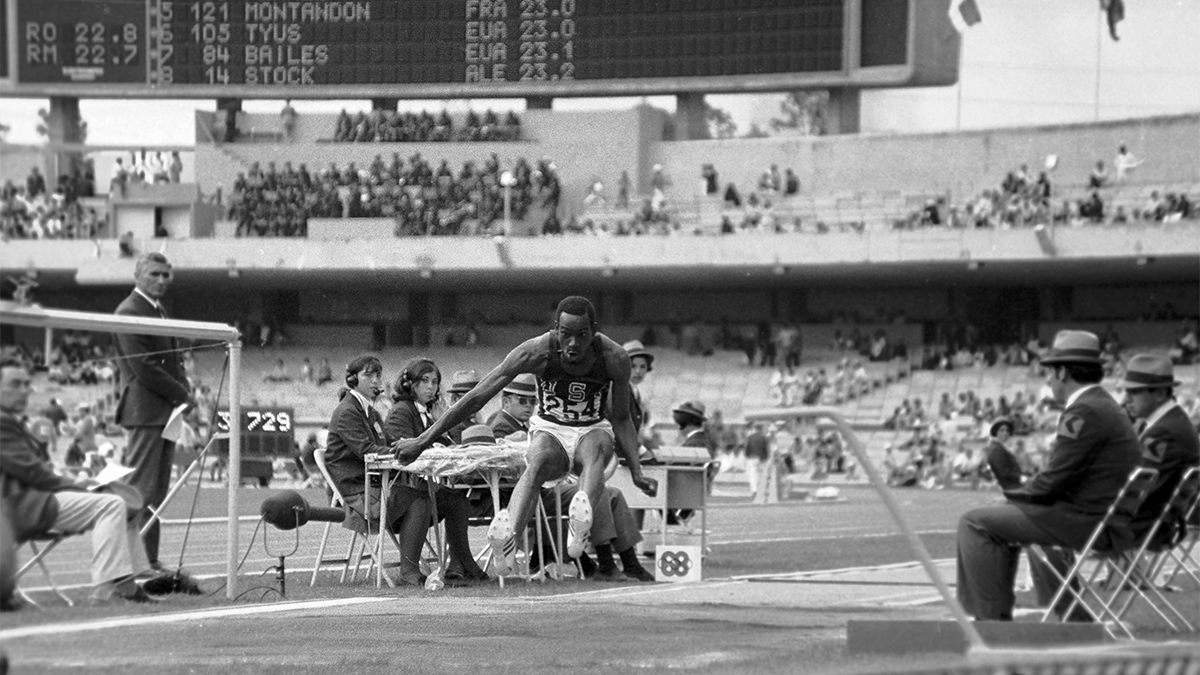 Bob Beamon makes his record-shattering long jump at the 1968 Olympics in Mexico City