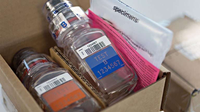 A box filled with doping test vials