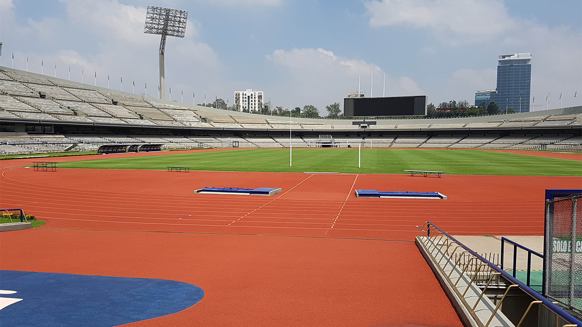 An empty field at the Estadio Olímpico Universitario in Mexico City