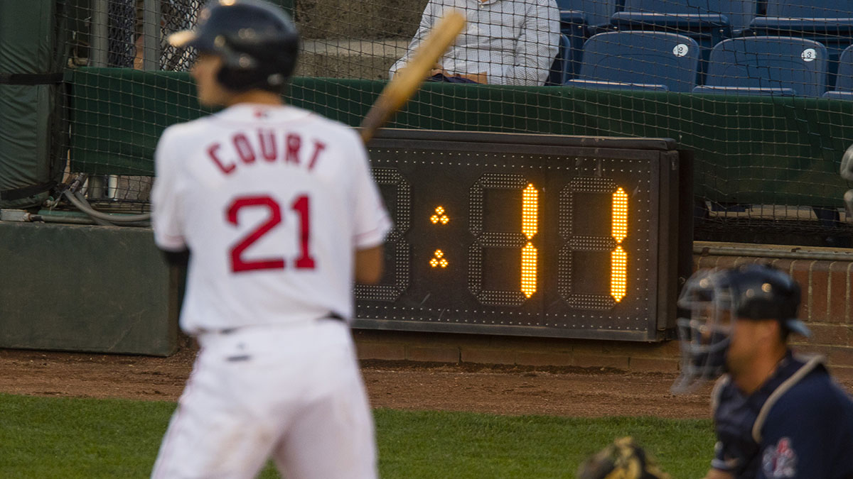 Portland Sea Dogs batter Ryan Court waits in the batters box for the pitch against the New Hampshire Fisher Cats
