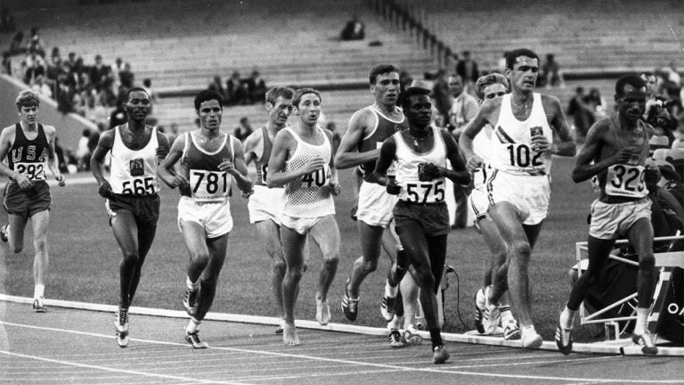 Contestants in the 10,000 metres event at the Olympic Games at Mexico City