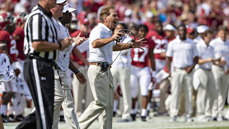 Head Coach Nick Saban yells during a game in September 2018