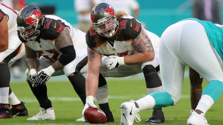 Tampa Bay Buccaneers center Ryan Jensen about to snap the ball