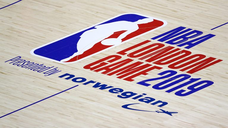 NBA London Game 2019 presented by Norwegian logo on a basketball court