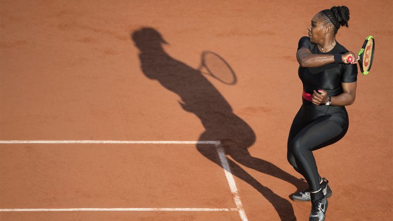 Serena Williams in a compression "catsuit" at the French open playing Tennis