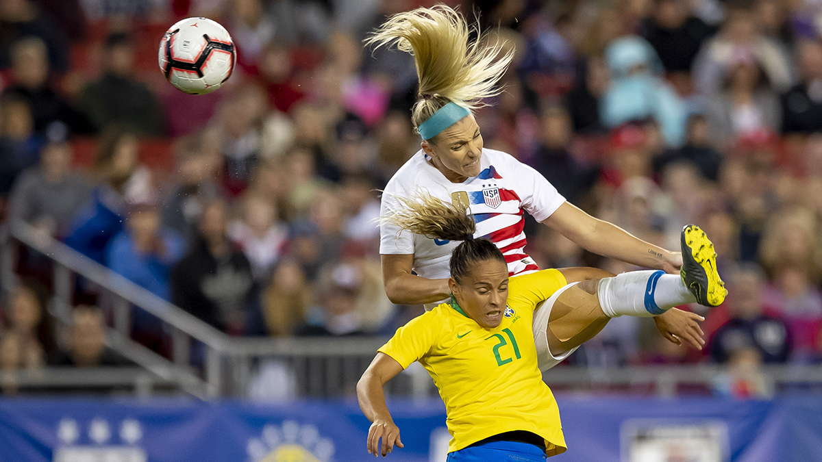 Julie Ertz of the U.S. heads the soccer all during the She Believes Cup in 2019