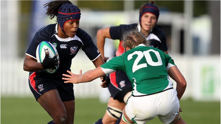 Phaidra Knight of the USA playing against Ireland during the IRB 2010 Women's Rugby World Cup. (Photo by Bryn Lennon/Getty Images)