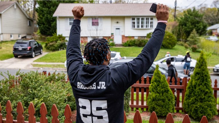 LANHAM, MARYLAND - APRIL 25: Maryland Terrapins Antoine Brooks Jr. celebrates being drafted in the sixth round by the Pittsburgh Steelers on April 25, 2020 at home in Lanham, Maryland. (Photo by Elliott Brown/E and P Phtography/Getty Images)