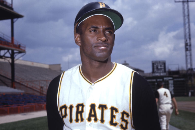 Outfielder Roberto Clemente of the Pittsburgh Pirates posing for a portrait.