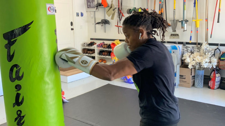 Phaidra Knight working out in her gym.