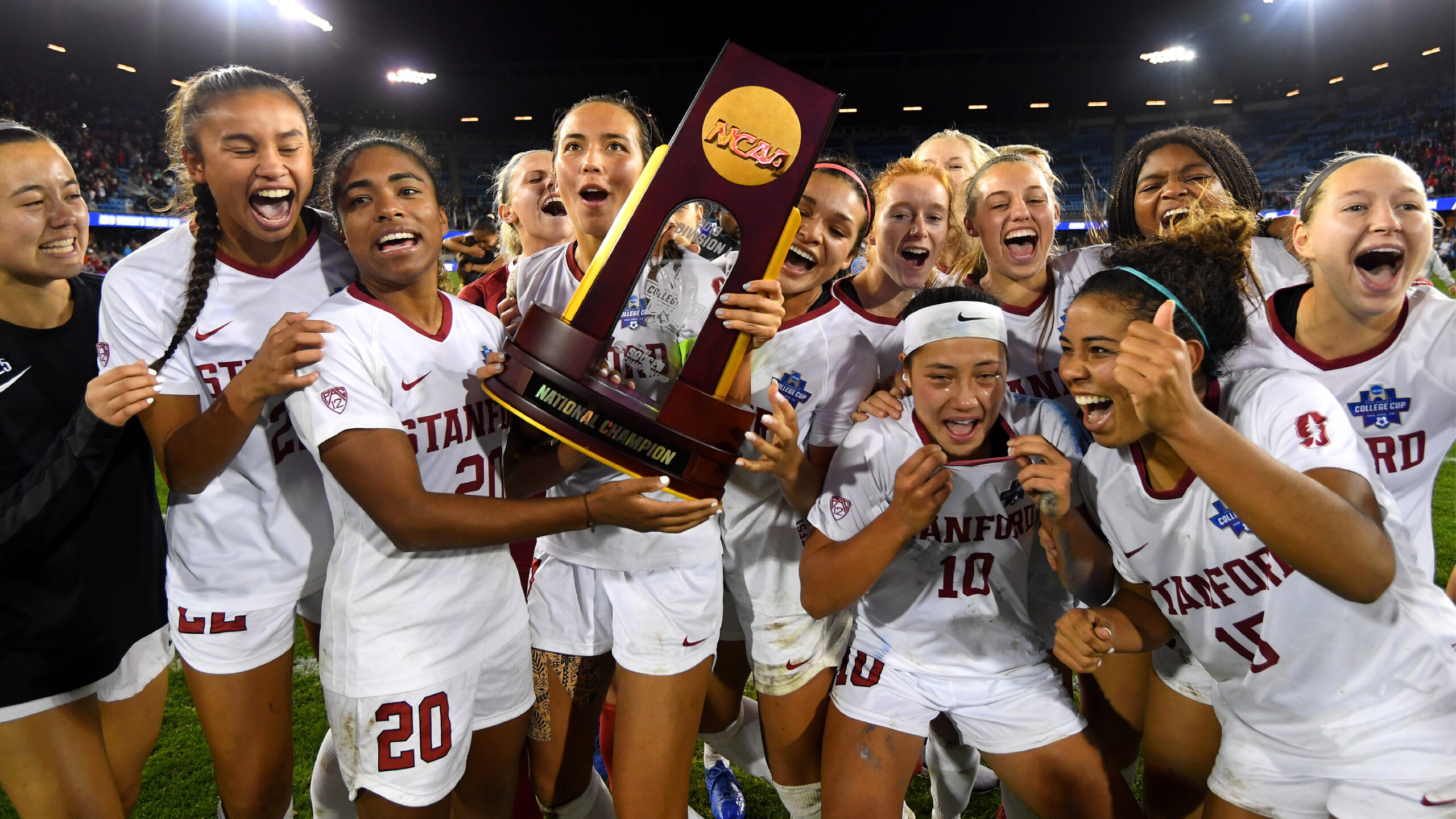 SAN JOSE, CA - DECEMBER 08: Stanford Cardinal players celebrate their victory against the North Carolina Tar Heels in the Division I Women's Soccer Championship held at Avaya Stadium on December 8, 2019 in San Jose, California. Stanford defeated North Carolina in a shootout. (Photo by Jamie Schwaberow/NCAA Photos via Getty Images)