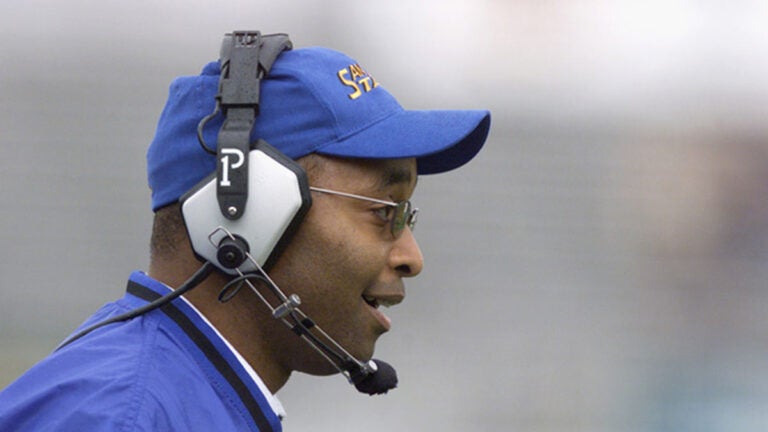 Fitz Hill coaching San Jose State University's football game.