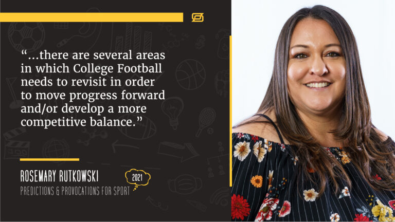 A photo of Rosemary Rutkowski with a quote from her article stating, “…there are several areas in which College Football needs to revisit in order to move progress forward and/or develop a more competitive balance.”