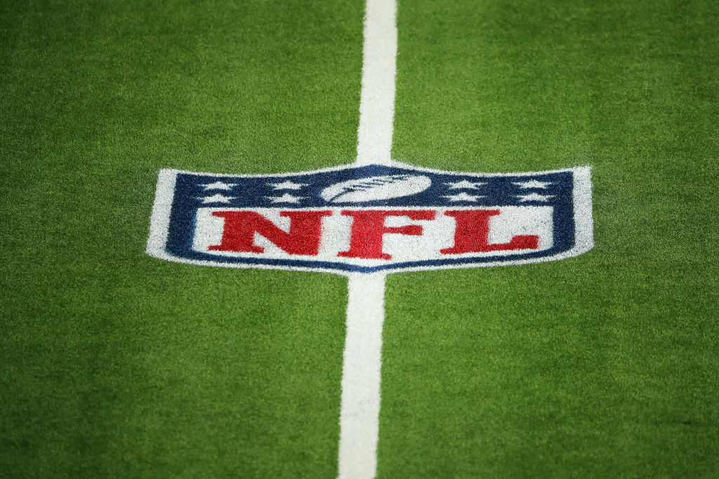 INGLEWOOD, CALIFORNIA - DECEMBER 06: A detailed view of the NFL logo on the field before the game between the Los Angeles Chargers and the New England Patriots at SoFi Stadium on December 06, 2020 in Inglewood, California. (Photo by Katelyn Mulcahy/Getty Images)
