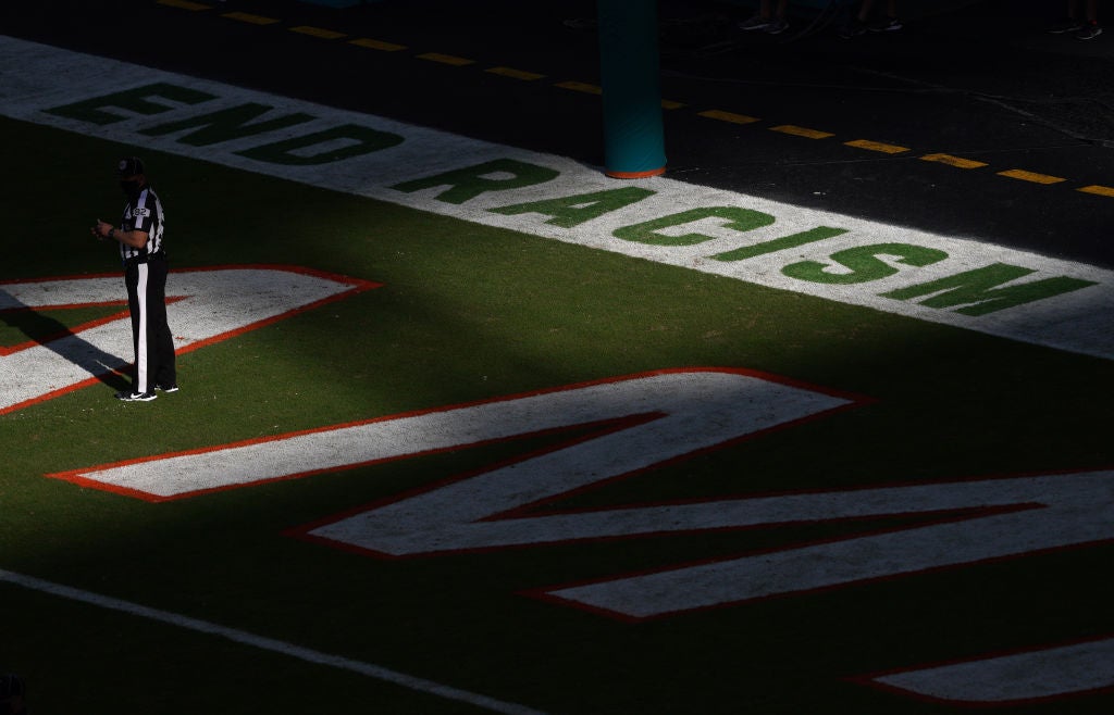 MIAMI GARDENS, FLORIDA - DECEMBER 20: The end zone is seen during the game between the Miami Dolphins and the New England Patriots at Hard Rock Stadium on December 20, 2020 in Miami Gardens, Florida. (Photo by Mark Brown/Getty Images)